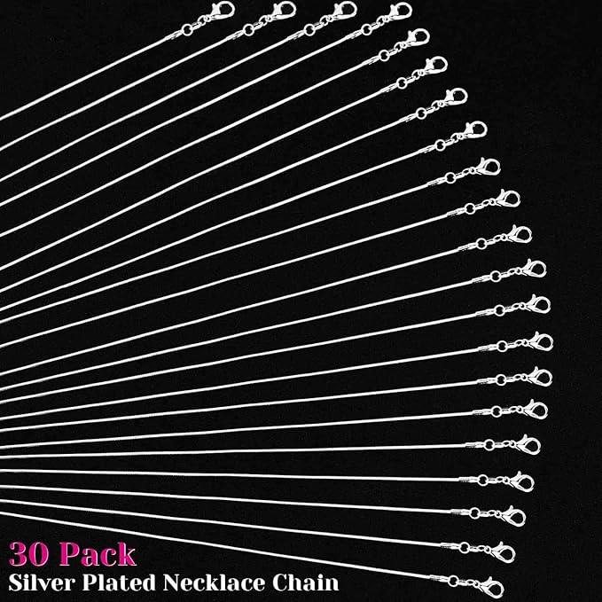 paxcoo 30 pack bulk necklace chain silver plated necklace snake chains for jewelry making, 1.2 mm (20 inches)