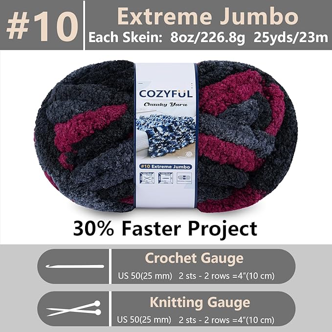 Chunky Yarn for Hand Knitting - #10 Chunky Chenille Blanket Yarn, Jumbo Big Thick Chunky Yarns for Crocheting, Tie Dye Bulky Knit Yarns, 8 Skein (25 yds 8 oz Each Skein), Grey & Black & Red