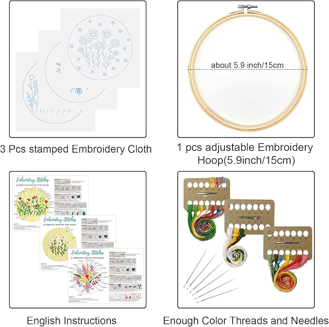 Louise Maelys 3 Sets Flowers Embroidery Kits for Beginners,Cross Stitch Kit for Adults,Starters DIY Needlepoint Including Daisy Florals Bouquet Pattern,Hoop,Instruction and Threads