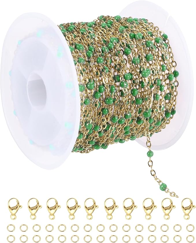 MECCANIXITY Stainless Steel Bead Chain, 16.4 Feet/5M Enamel Beaded Jewelry Link Cable Chains Spool Kit for Jewelry Making, Necklace, Bracelets, DIY Crafts (Gold/Dark Green, Pack of 1)