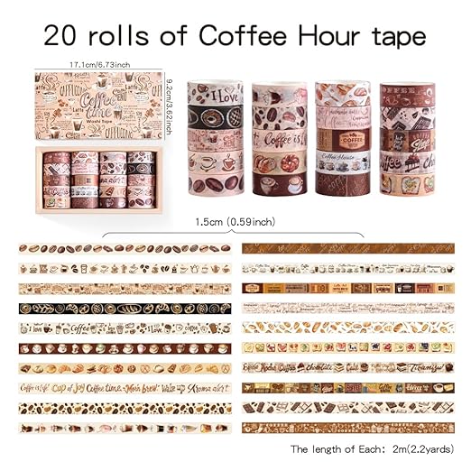 20 Rolls Coffee Theme Washi Tape Set, Writable Decorative Tapes for Scrapbooking, Junk Journal Supplies, Bullet Journaling, Bullet Journaling, 0.6"x79" per Roll
