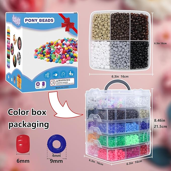 LIS HEGENSA 6300 Pcs DIY Childrens Crafts Beads Friendship Bracelet Kit, Pony Beads Letter Beads and Bracelet Making Kit, Colorful Charms, Used for Custom Necklace Bracelets and Jewelry (6300PCS)
