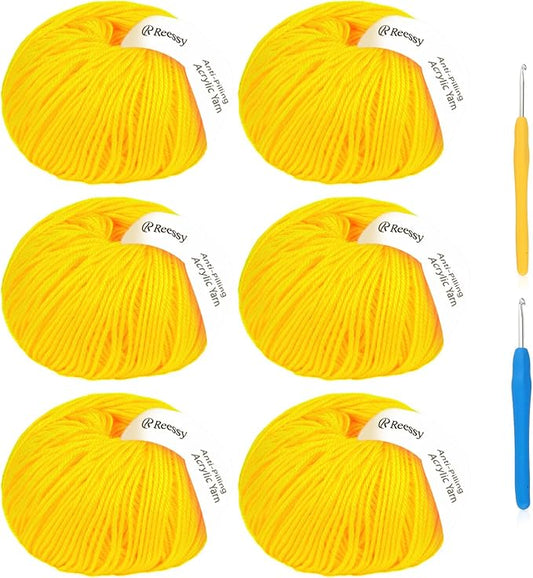 Acrylic Yarn for Crocheting - 6 Pack of 50g/1.76oz - Soft DK Weight Yarn (CYC #3), No-Splitting, Tightly Spun Acrylic for Smooth & Durable Crocheting – Toys, Scarves & Crafts（Yellow）