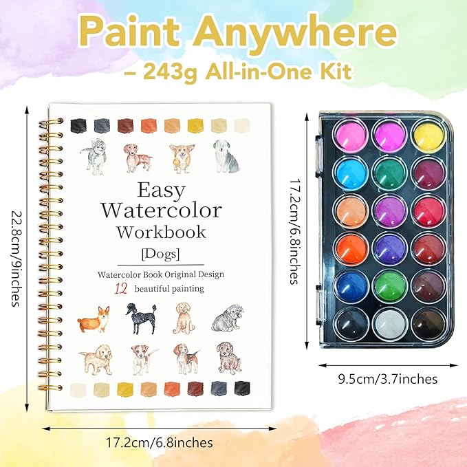 Easy Watercolor Workbook for Beginners - 12 Beautiful Step-by-Step Paintings Water Coloring Book, Includes 18 Colors Paints, Relaxing Art Projects and Creative Gift for Adults & Teen (Dogs)