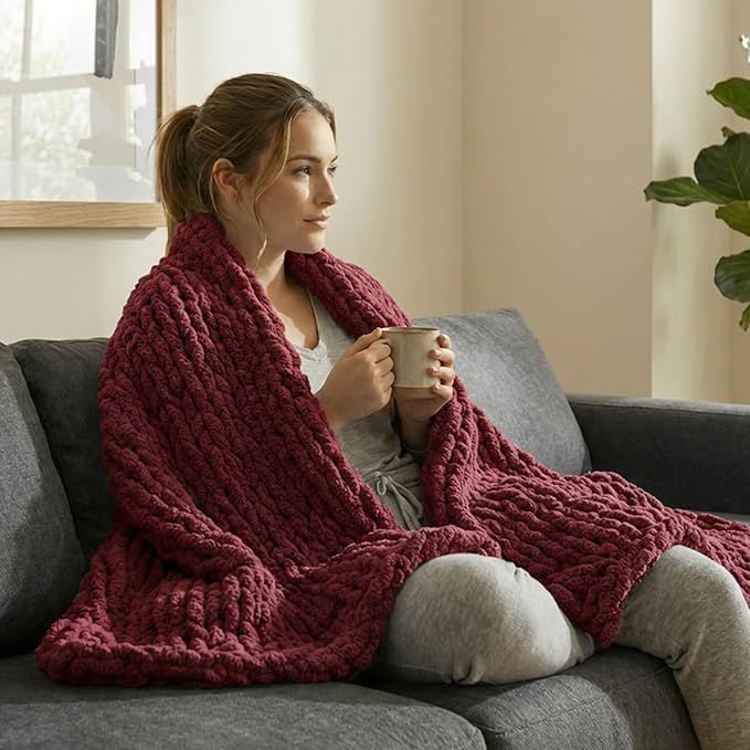 Chunky Yarn for Hand Knitting and Blankets – Super Soft Jumbo Chenille Yarn Pack for Crocheting, Bulky DIY Projects, 8 Skeins(Wine Red)