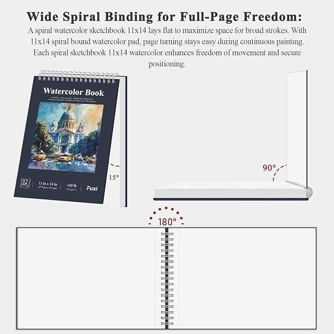 fuxi water color paper 11x14, large watercolor paper 140 lb cold press, 32 sheets (64 pages) watercolor notebook, water color sketchbbooks for adults art spplies.