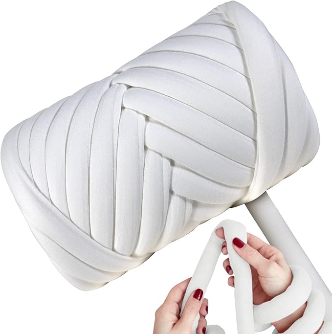 Light Weight Ultra Soft 2.2 LBS (1 kg) Chunky Yarn for Hand Knitting, Lush Polyester Fabric Tube Yarn to Make Handbags, Pillows, Blankets, Crafts (Ivory)