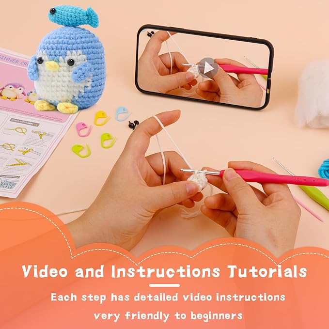 IMZAY Crochet Kit for Beginners, Beginner Animal Crochet Kit, Cute Crochet Starter Kit with Video Tutorial, Crochet Hooks, Colored Yarns, Stitch Marker Complete Crochet Set to Make Blue Penguin