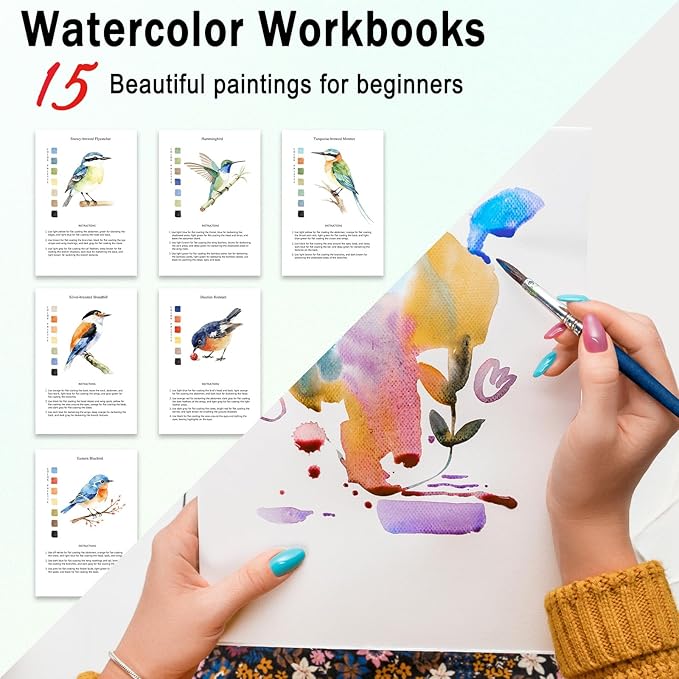 Watercolor Workbooks Birds, 15 Beautiful Paintings for Water Color Book Adult, Watercolor Coloring Book for Beginners, Watercolor Workbook for Adults Teens (Without Palette, Birds)