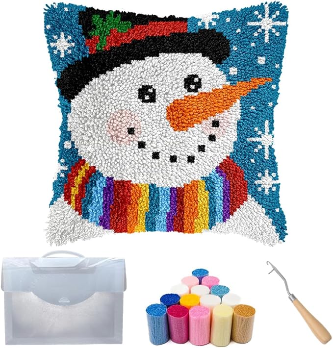 Cozykeke Snowman Latch Hook Kit,DIY Pillow Cover Cushion Craft Kits with Pre-Printed Canvas for Adults and Beginners, Suitable for Home Decor and Festival Gift 17 * 17in (BX53)
