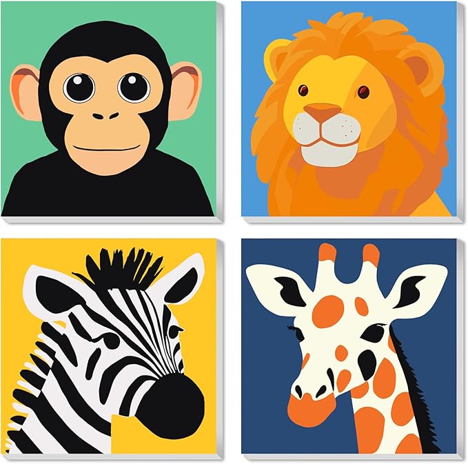 KEYIFA 4 Pack Paint by Numbers Kids Kit with Frame, Easy Animal Painting Kits for Adult Beginners, DIY Acrylic Painting on Framed Canvas for Home Decor Gift, 8x8 in (Orangutan+Lion+Zebra+Giraffe)