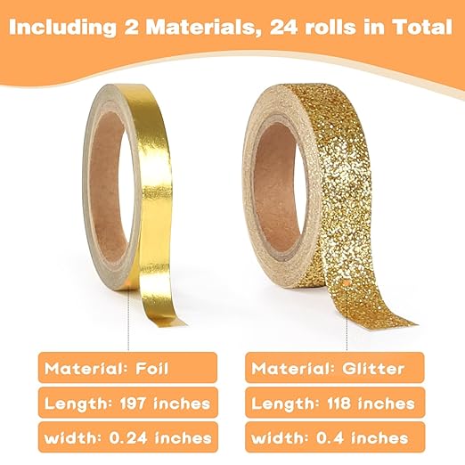 AEBORN Metallic Glitter Washi Tape - 24 Rolls Thin Colored Masking Tape Set, 6mm/10mm Decorative Tapes for Bullet Journal, Scrapbook, Christmas DIY Crafts, Gift Packaging