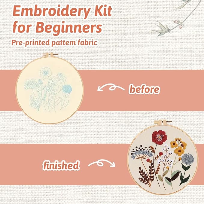 Fakindiy 4 Sets Embroidery Kit for Beginners, Flower Cross Stitch Set for Complete Starter Kit with Hoop, Threads, Needles & Tools,Hand Craft Gift for Lovers (ColorC-Flower Pattern)