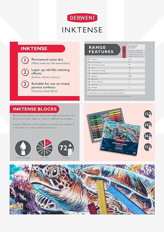 Derwent Inktense Blocks 36 Tin, Set of 36, 8mm Block, Soft Texture, Watersoluble, Ideal for Watercolor, Drawing, Coloring, Crafts and Painting on Paper and Fabric, Professional Quality (2301979)