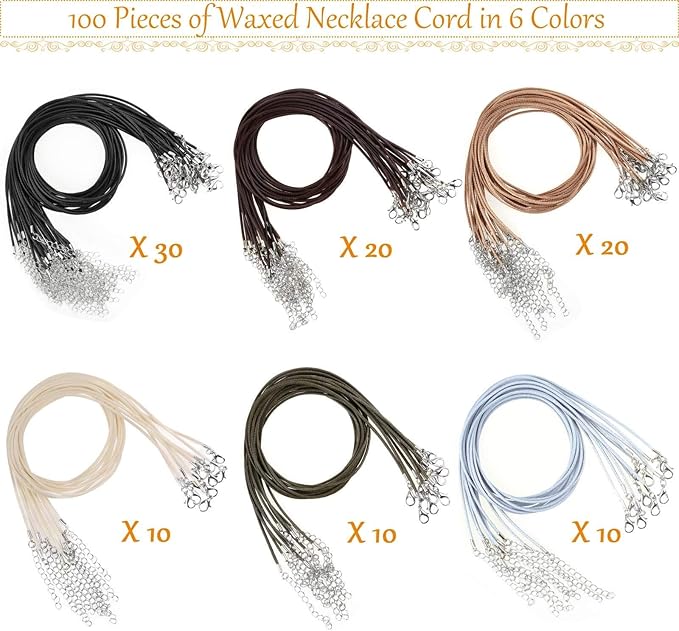 Necklace Cord, Selizo 100pcs Necklace String, Waxed Cotton Necklace Cord with Clasp Bulk for Jewelry Bracelet Making, Beads, Pendants, Charms
