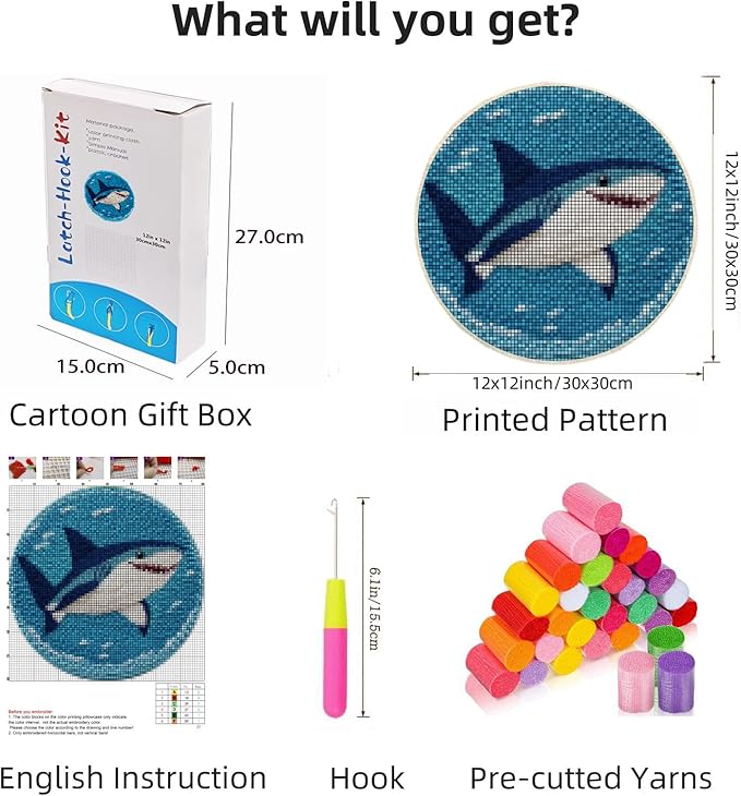 Latch Hook Rug Kit Cute Sea Shark Easy for Beginners Round Shape Carpet Crochet Yarn Craft Mini Rug DIY Hook and Latch Little Tapestry for Home Decor 30x30cm-1