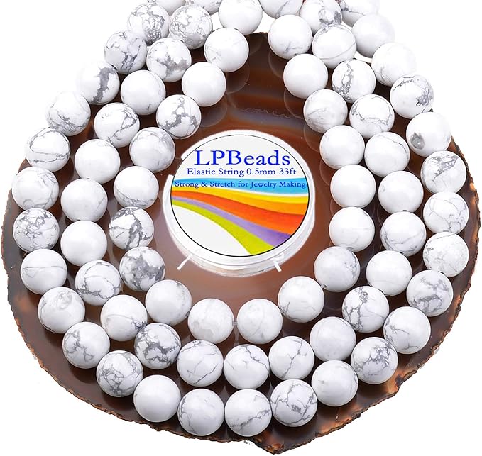 LPBeads 80Pcs Polished 10mm Round Natural Howlite Gemstone Loose Beads with Stretch Cord for Jewelry Making Bracelets