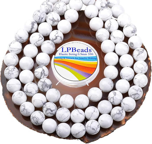 LPBeads 80Pcs Polished 10mm Round Natural Howlite Gemstone Loose Beads with Stretch Cord for Jewelry Making Bracelets