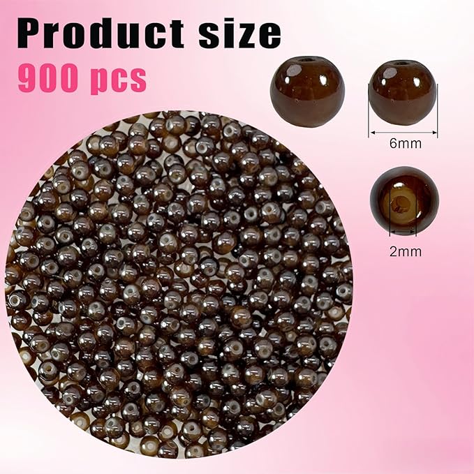 6mm Round Glass Beads for Jewelry Making, 900Pcs Glass Seed Beads for Bracelets, DIY Crafts (Brown)