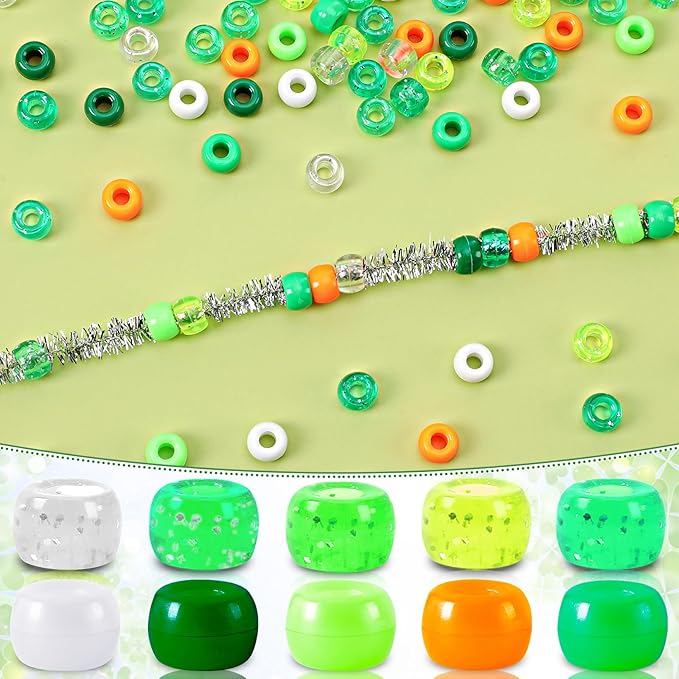 UPINS 1200Pcs St. Patrick's Day Pony Beads,Green Glitter Irish Colored Beads Bulk for Jewelry Making Bracelets Necklace DIY Crafts Supplies (10 Colors)