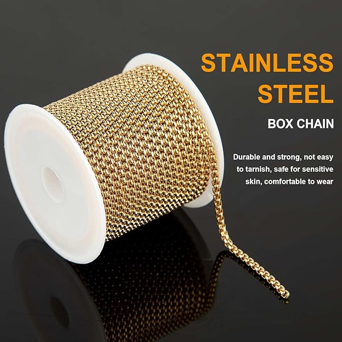 KYUNHOO 16.4 Feet Gold Plated Rolo Chain Spool 304 Stainless Steel Chain for Jewelry Making Beaded Box Link Chain Bulk for Necklace Bracelet DIY with Jump Rings and Lobster Clasps