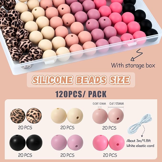 120 Pcs 15mm Silicone Beads for Keychain Making Bracelets Pink Black Leopard Print 6 Mixed Colors Silicone Round Beads Bulk for Crafts Pens Making