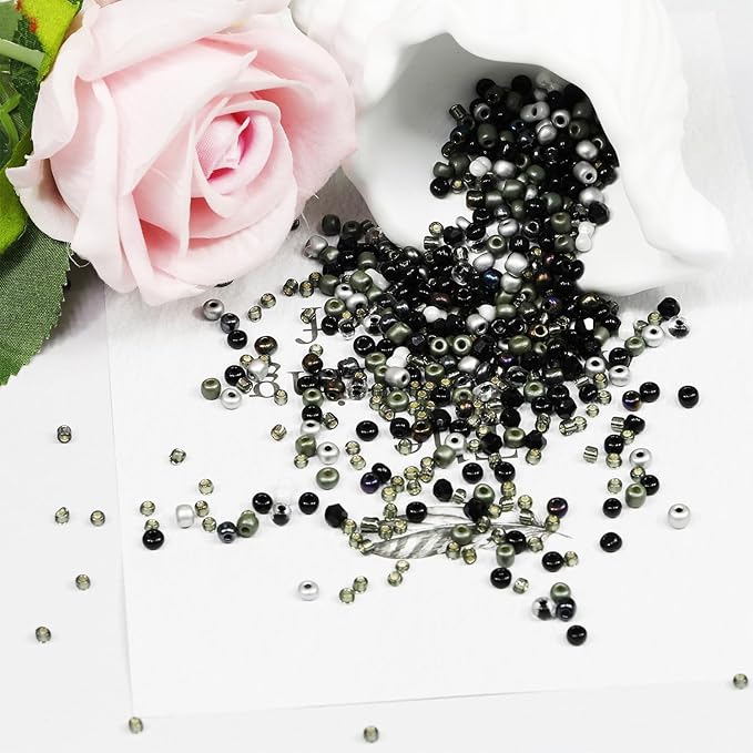 Bulk 4mm Black Seed Beads for Jewelry Making 110 Grams About 1600pcs,6/0 Glass Craft for Making Earrings, Bracelets, Pendants, Waist Jewelry, DIY Handmade Seed Beads（Black/White/Silver Mix）