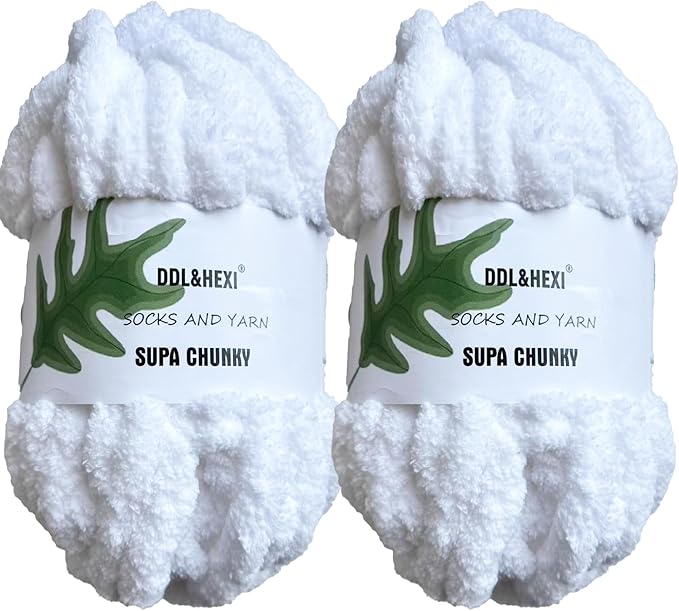 DDL&HEXI 2 Skeins Super Chenille Chunky Yarn,Blanket Making Kit,Jumbo Knitting Yarn 2x8oz 226g per Bag (True White)
