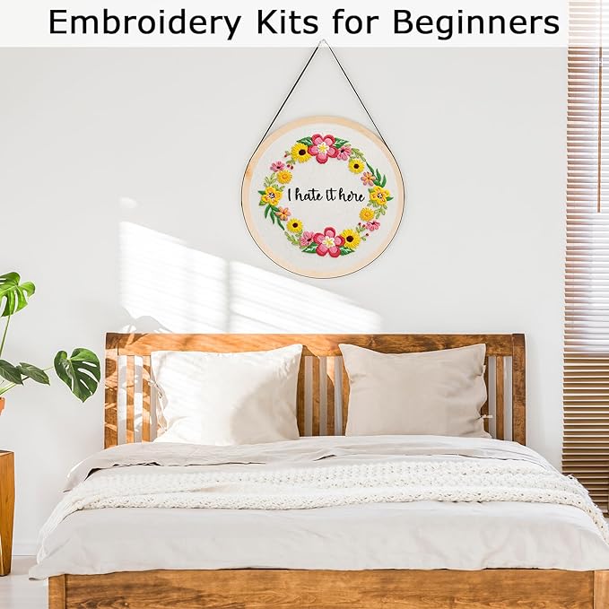 Nuberlic Floral Embroidery Kit for Beginners Cross Stitch Kits- Complete Starter Set with Hoop, Pre-Printed Fabric, Threads & Needles