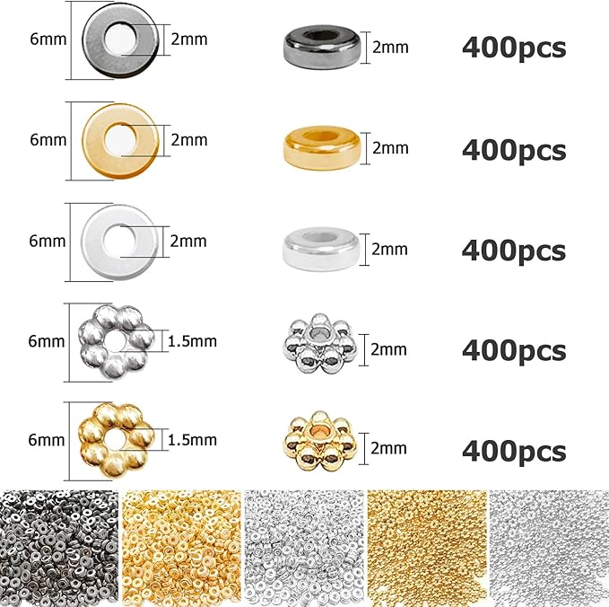 6mm Flat Round Spacer Beads, Clay Beads for Bracelets Making Kit, Heishi Polymer Flat Disc Spacer Beads for Jewelry Making, Clay Beads for Jewelry Making Gold Beads Silver (2000pcs)