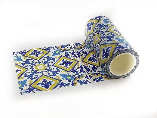 Serenity Fair Washi Tape – Mediterranean Tile Pattern, Extra Wide 4 Inch Scrapbook Supplies for Scrapbooking, Journaling, Stickers, Craft Paper, and DIY Scrapbook Tape Roll (Portuguese Yellow Blue)