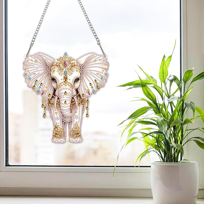 NAIMOER Diamond Art Hanging Kits for Adults Elephant, 5D Special Shaped Rhinestone, DIY Acrylic Diamond Art Painting Window Pendants Home Garden Wall Hanging Ornament Kits, Double Sided