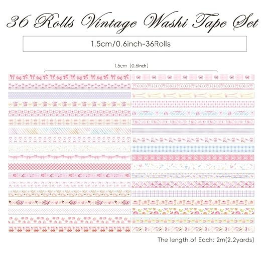 36 Rolls Sweet Pink Theme Washi Tape Set with Different Colorful Patterns, Writable Decorative Tapes for Scrapbooking, Junk Journal Supplies, Bullet Journaling, 0.39'' x 79'' per Roll