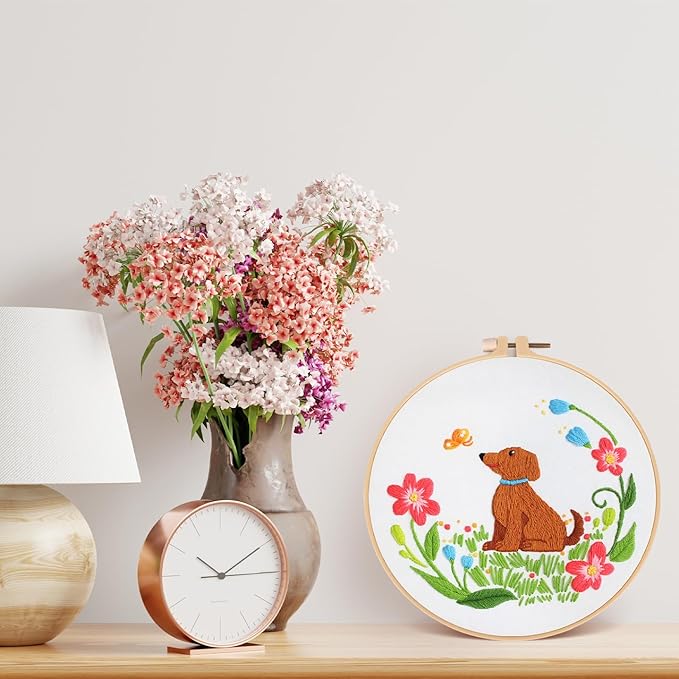 Louise Maelys Dog Embroidery Kits for Beginners with Floral Pattern,Cross Stitch Kit for Adults DIY Needlepoint with Embroidery Instructions