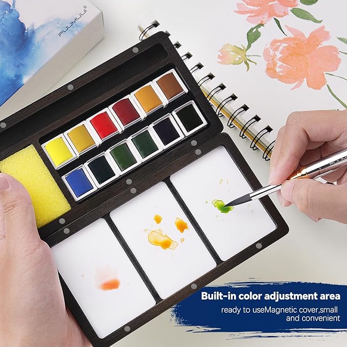 Fuumuui Watercolor Paint Set, 12 Watercolor Paints with Dual Tip Travel Watercolor Brushes Wooden Palette, Art Supplies for Painting, Travel Watercolor Set, Amateur Hobbyists
