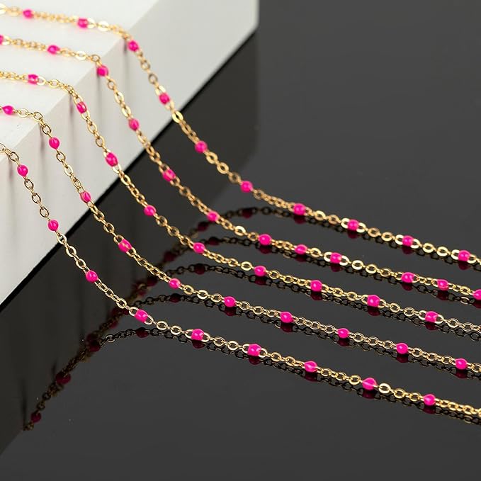 KYUNHOO 16.4 Feet/5M Rose Red Enamel Beaded Chain for Jewelry Making Gold Plated Stainless Steel Chain Spool Cross Cable Link Chains Bulk with Lobster Clasps and Jump Rings