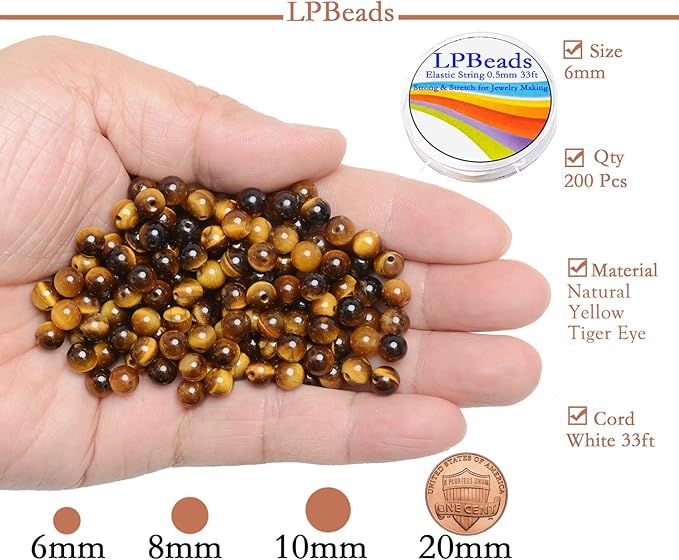 LPBeads 200Pcs Polished 6mm Round Natural Yellow Tiger Eye Gemstone Loose Beads with Stretch Cord for Jewelry Making Bracelets