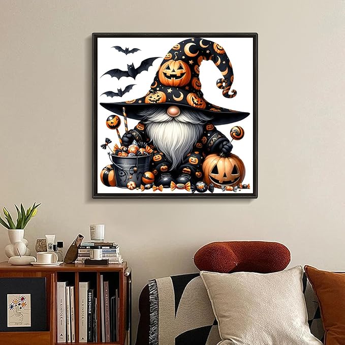 Fountor Gnome Diamond Art Kits for Adults, Halloween Diamond Painting Kits for Adults Beginners, DIY 5D Pumpkin Diamond Painting with Round Gem Art Kits for Gift Home Wall Decor 14x14 Inch