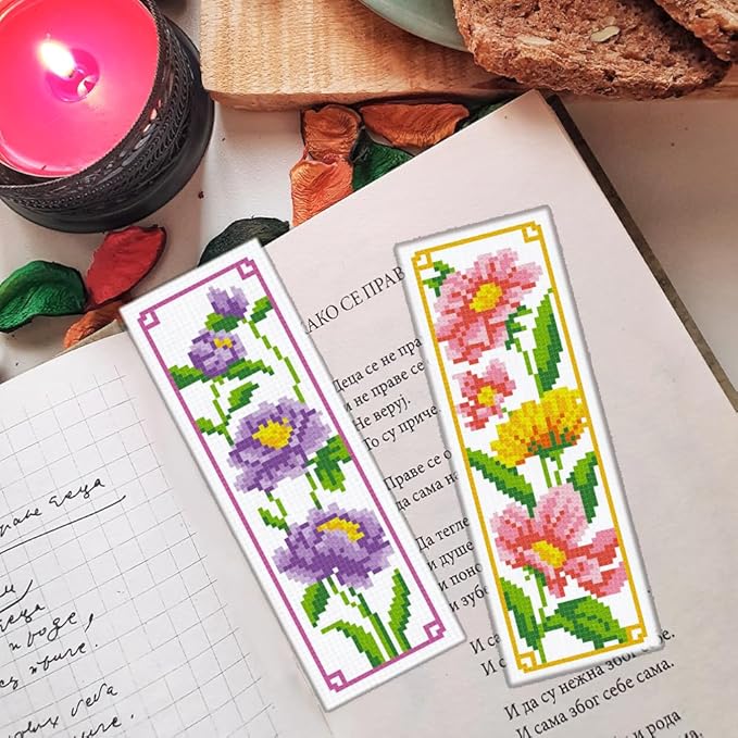 ORIGACH 6 Set Floral Cross Stitch Bookmark Kit for Beginner with Backing Felt Floss Instructions Magnolia Daffodil Rose DIY Stamped Embroidery Bookmark Kit for Adults, Book Lovers