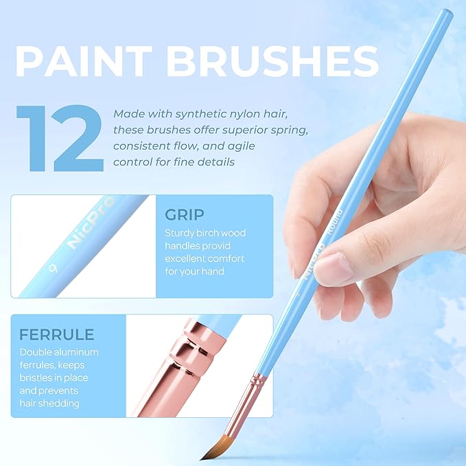 Nicpro 12pcs Artist Paint Brush Set, Aesthetic Pastel Paintbrushes Craft Paint Brushes for Acrylic Painting, Oil, Watercolor, Gouache, Tempera, Face, Body, Art Supplies for Artists and Beginners