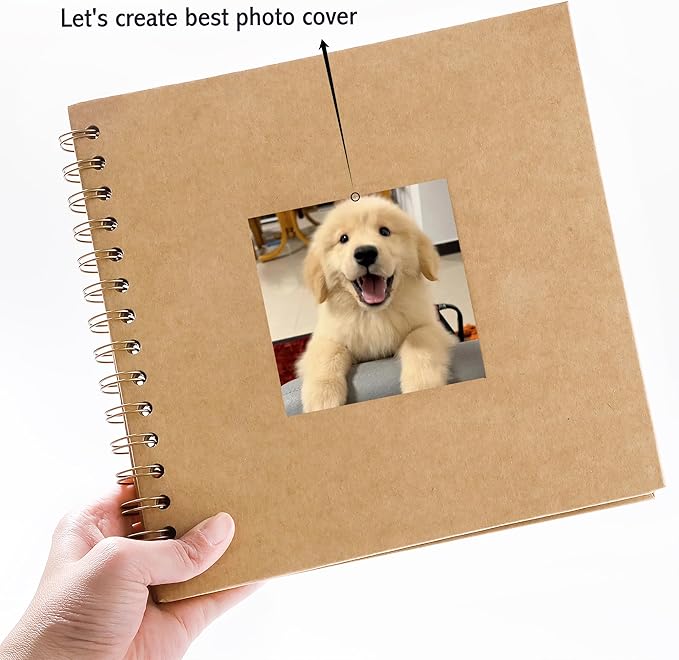 Scrapbook 7 x 7 Inch DIY Square Photo Window, Memory Book for Parents and Kids, Photo Album Hardcover Kraft Paper Brown 20 Sheets/ 40 Pages