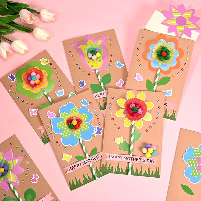 Sanixin 24 Sets Mother's Day Flower Card Craft Kit for Kids Spring DIY Flower Greeting Card Set Happy Mother's Day Card Making Kit for Mom Gifts Classroom School Home Activities