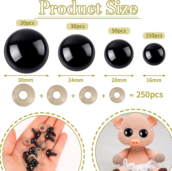 UPINS 500 Pcs 16-30 MM Large Safety Eyes for Amigurumi Black Plastic Craft Dolls Crochet Eyes for DIY Toy Puppets Bear Stuffed Animals Amigurumi Making Supplies (4 Size)