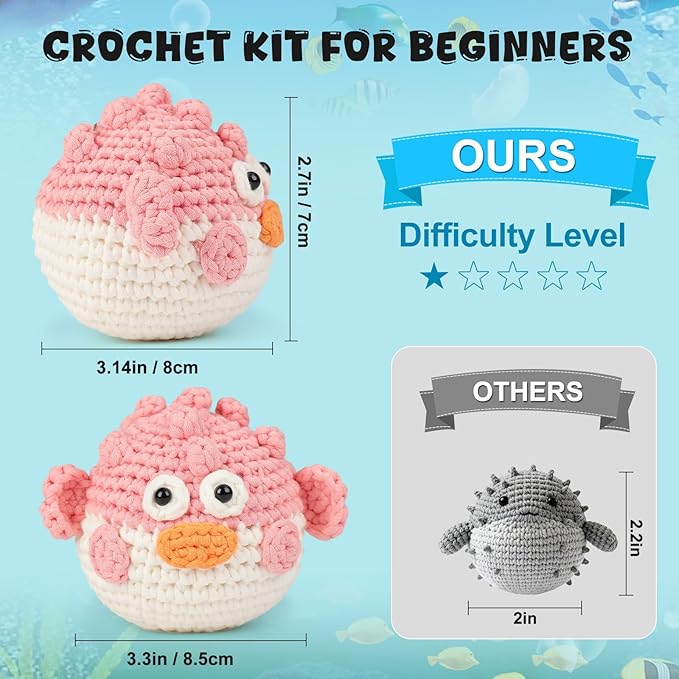 Totiro Crochet Kit for Beginners, Balloon Fish Amigurumi Starter Kit, Easy DIY Craft Set with Step-by-Step Video Tutorials, 2 Pack Crochet Pattern Learning Kit for Teens Adults Birthday Gift