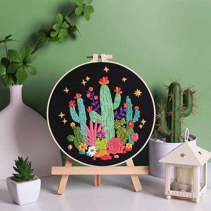 Louise Maelys Cactus Embroidery Kits for Beginners, DIY Cross Stitch Starter Craft Kits for Adults Including Embroidery Cloth with Pattern, Hoop, Needles Instruction and Threads