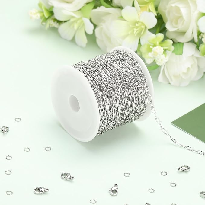 SMYHTGLIF 32.8 Feet Silver Cable Paperclip Jewelry Making Chains Stainless Steel Necklace Bracelet Chain with Lobster Clasps and Open Jump Rings for Jewelry Making