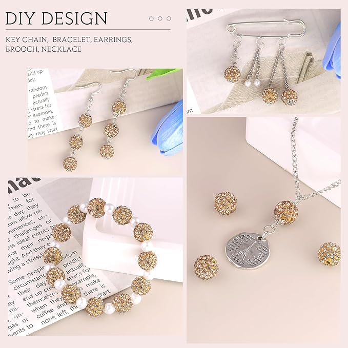 200 pcs light brown rhinestone beads for jewelry making, sparkle crystal clay christmas for bracelet baseball necklace earring crafting and diy, shiny round shamballa disco ball beads bulk