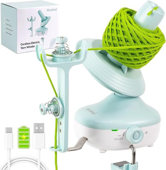 Cordless Yarn Winder, 2H Running Time Rechargeable Electric Yarn Cake Winder with 2200mAh Battery, Compact Yarn Winder for Crocheting Auto Yarn Spinner, Ideal Helper for Craft Lovers(Mint)