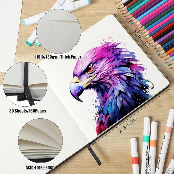 Hardcover Sketch Book, 110lb/180GSM Sketchbook for Drawing Painting, 160 Pages/80 Sheets Square Sketch Pad, 8×8 in Drawing Book Art Supplies for Teens, Adults, Artists