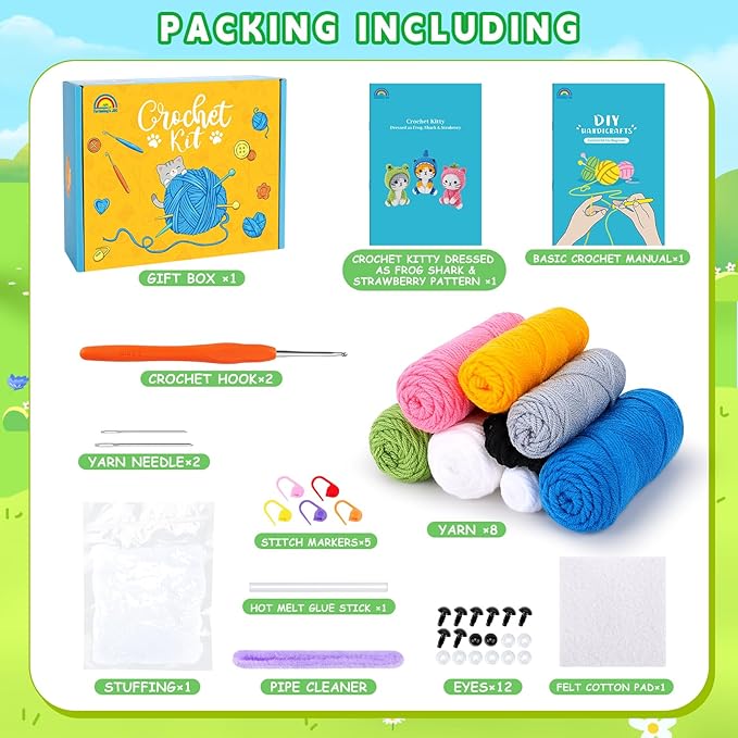 Crochet Kit for Beginners - 3 PCS Crochet Kits with Step-by-Step Video Tutorials, Beginner Crochet Kit for Adults, Crochet Animal Kit for Starters, Cat Dressed as Shark Frog Strawberry